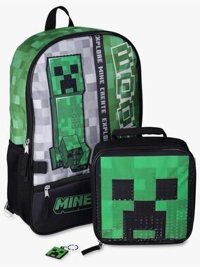 Minecraft 17" Laptop Backpack Lunchbox Bag  Set (Green/Gray/Black, 17 Inches)